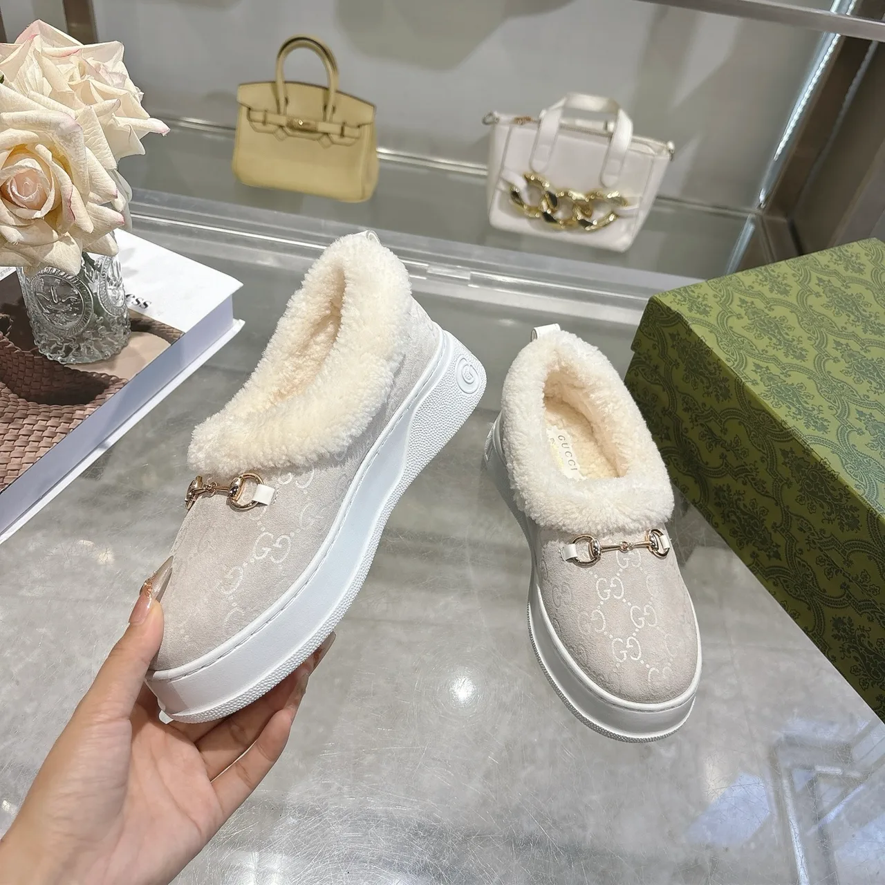 Gucci Cowhide Sheepskin Buckle Slippers in Grey · view 6