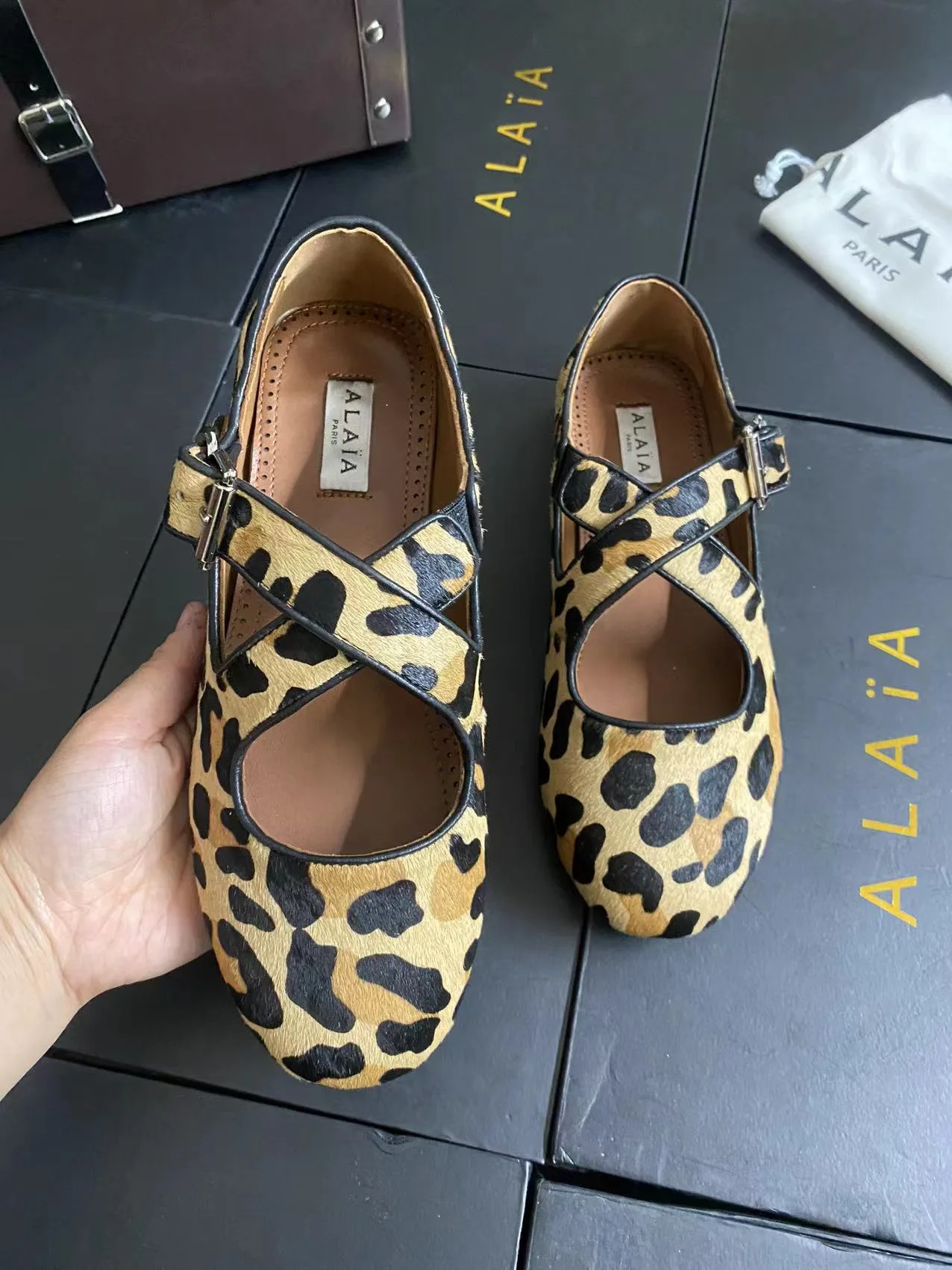 Alaia Cowhide Sheepskin Round-Toe Buckle Ballet Flats in Brown · view 6