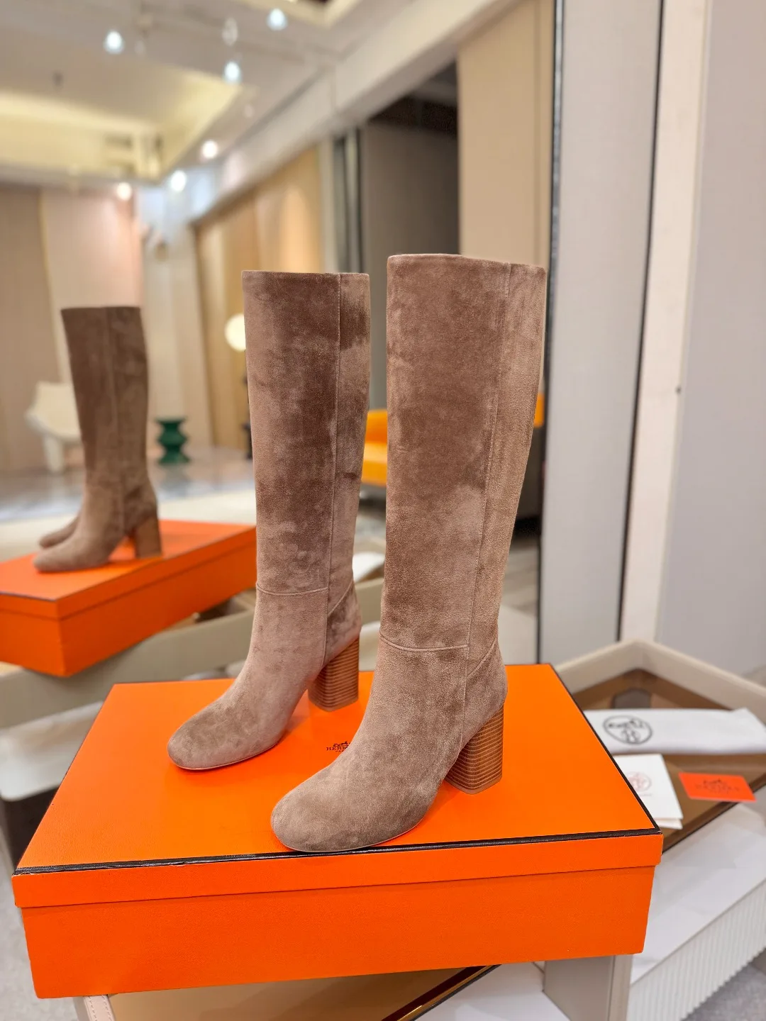 Hermes Cowhide Knee-High Boots in Grey · view 3