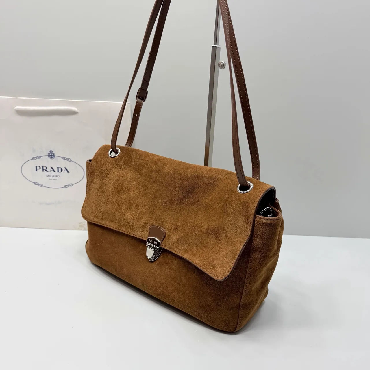 Prada Suede-Look Flap Shoulder Bag in Brown · view 5