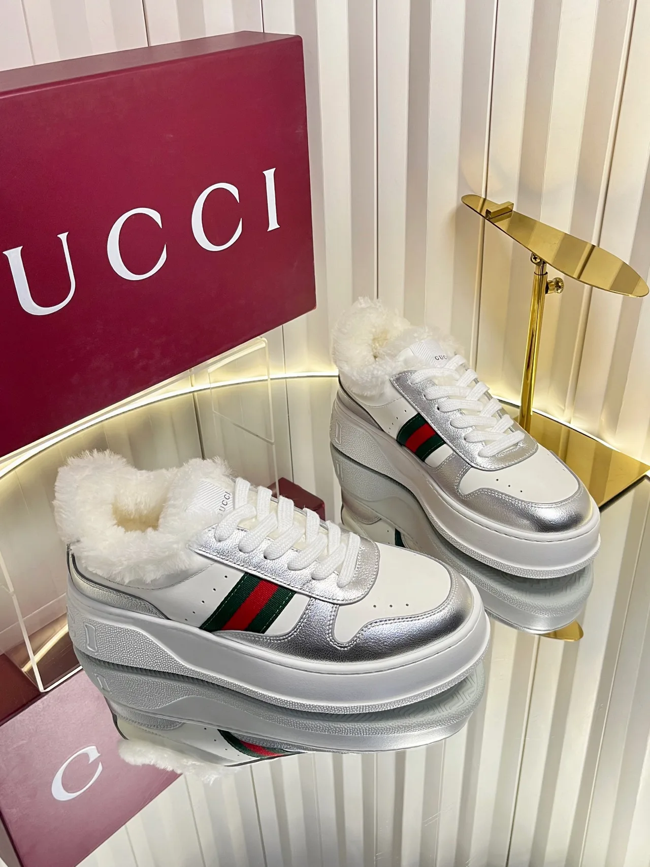 Gucci Wool Striped Lined Sneakers in White · view 1