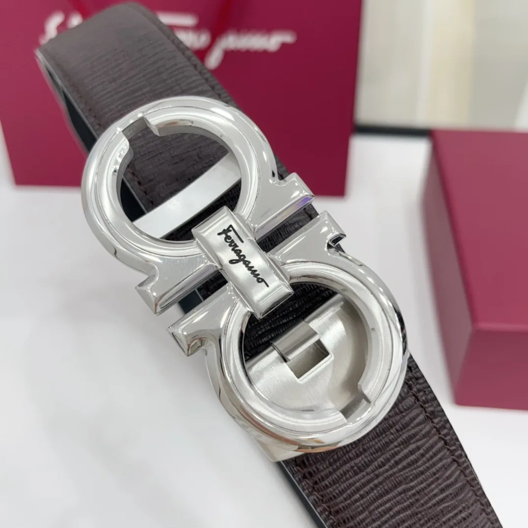 Ferragamo Calfskin Woven Ribbed Reversible Automatic Belt in Brown · view 4