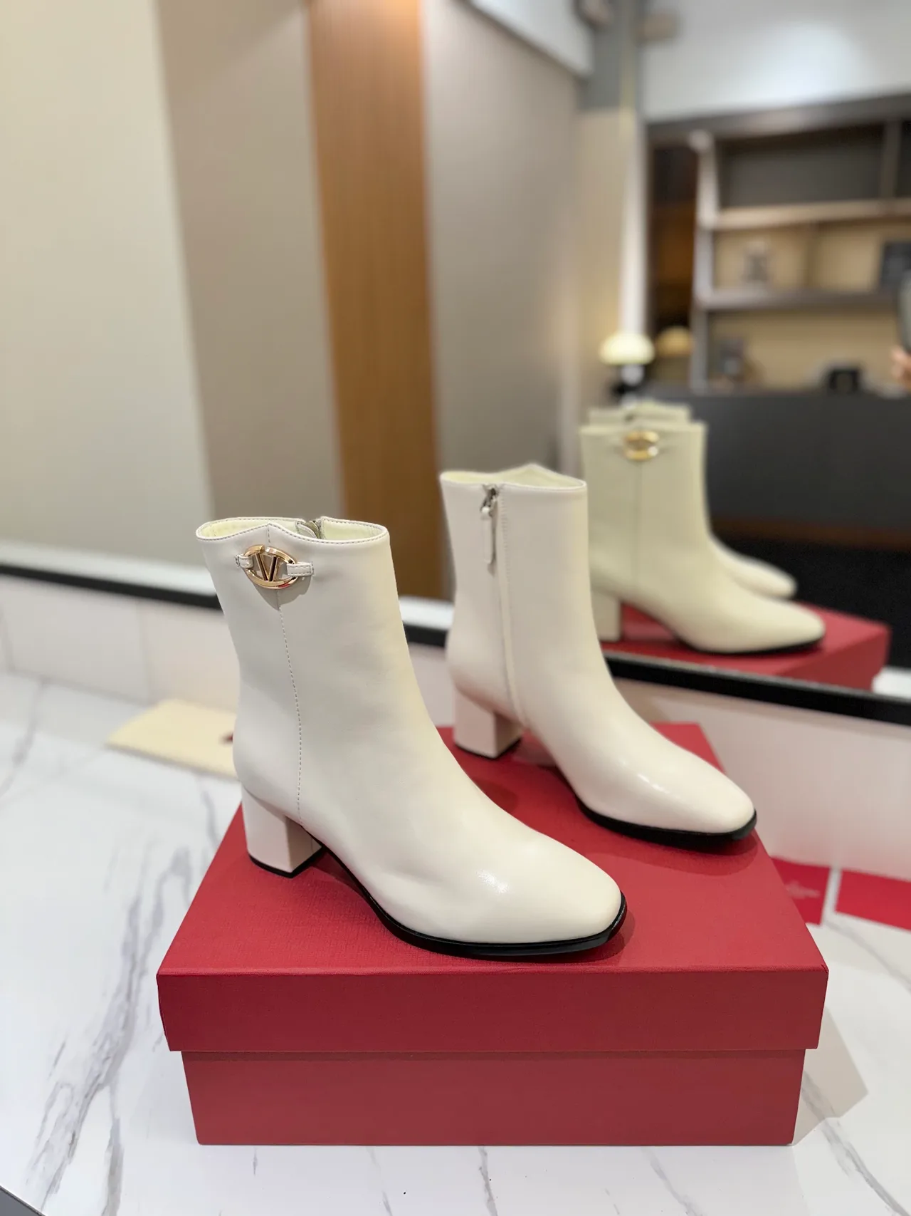 Valentino Calfskin Glossy Square-Toe Ankle Boots in White · view 1