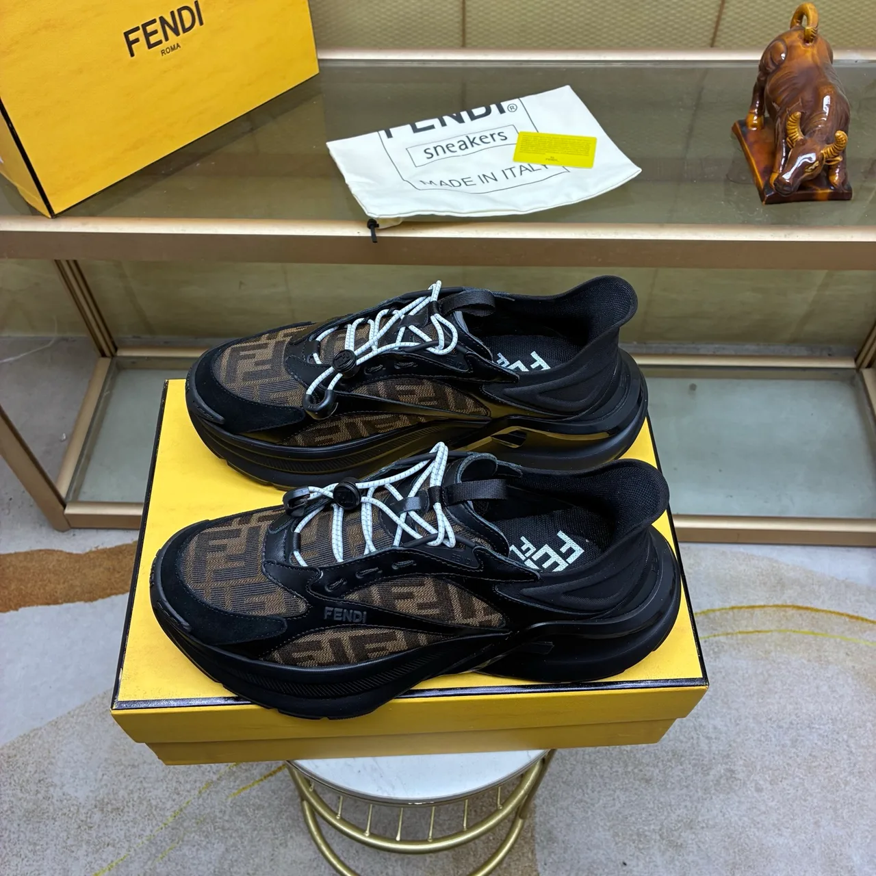 Fendi Smooth Round-Toe Sneakers in Black · view 2