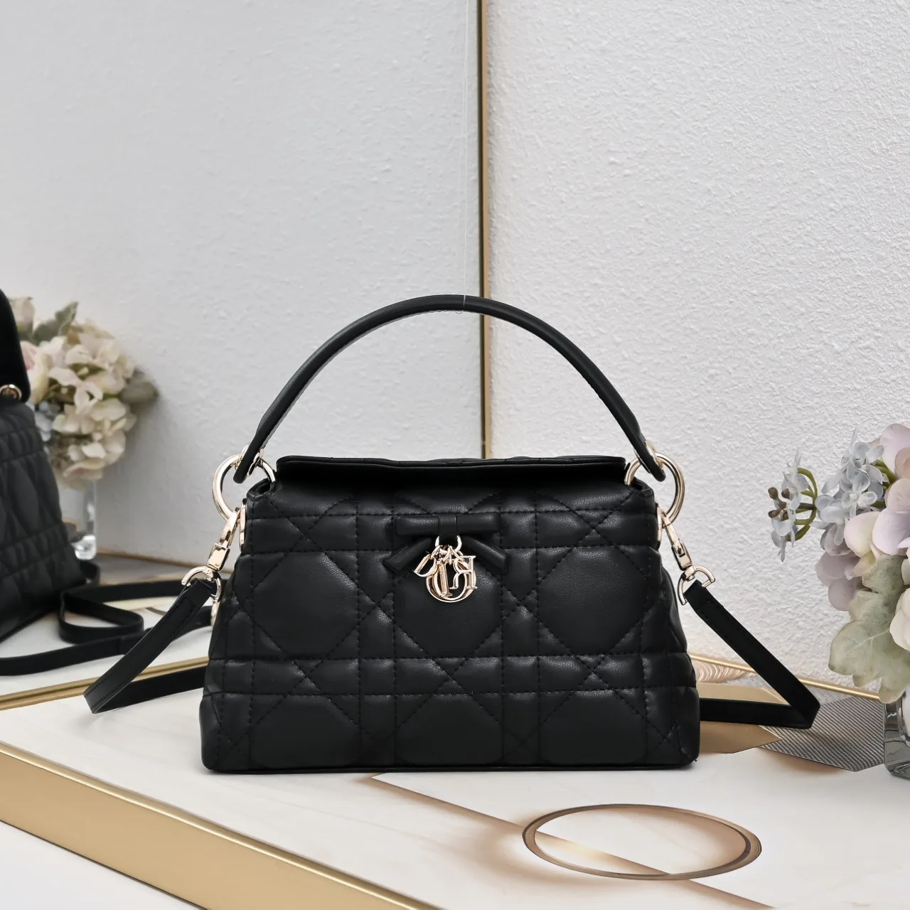 Dior Sheepskin Quilted Top-Handle Bag in Black · view 1