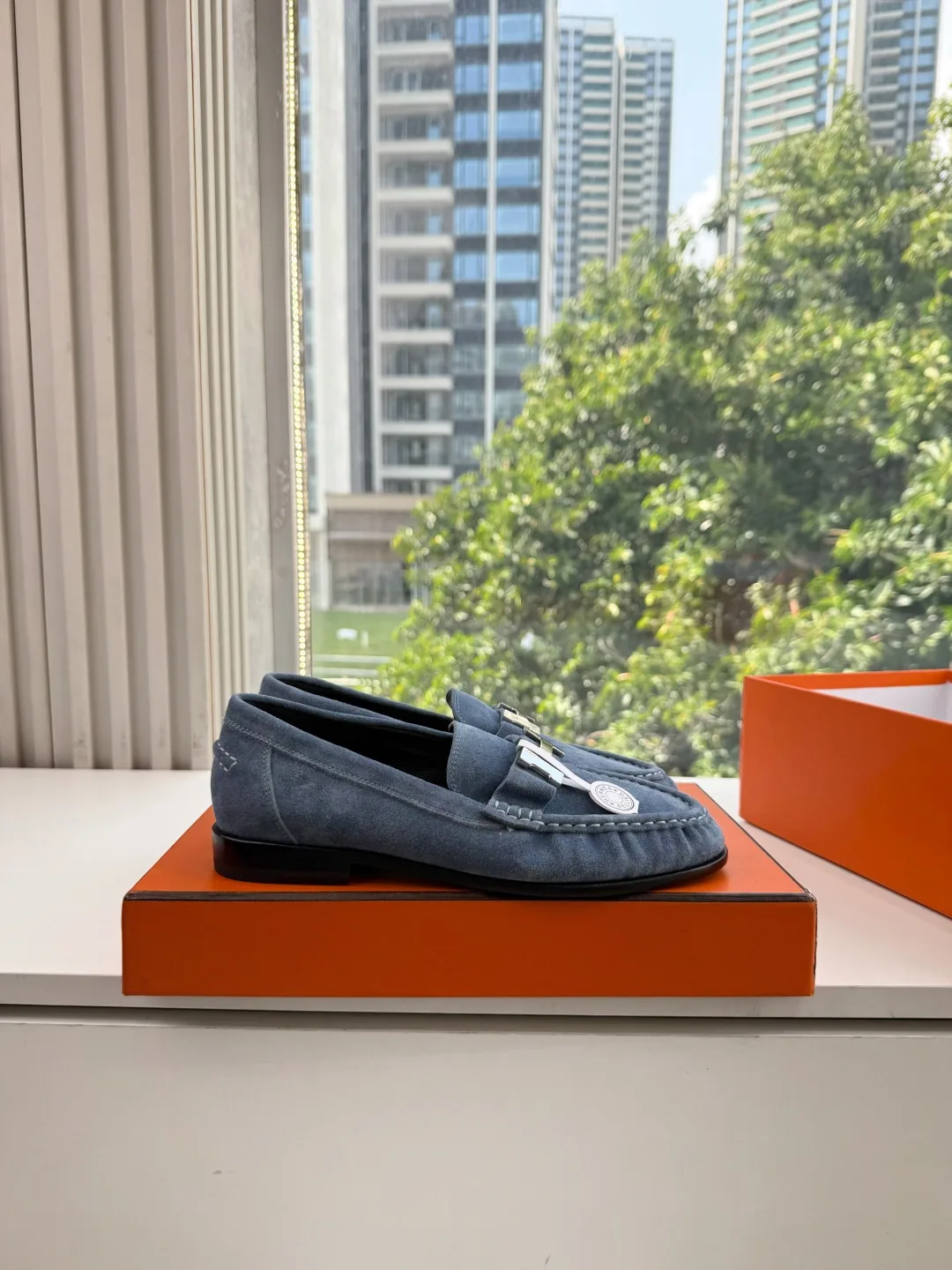 Hermes Calfskin Suede-Look Round-Toe Loafers in Blue · view 6