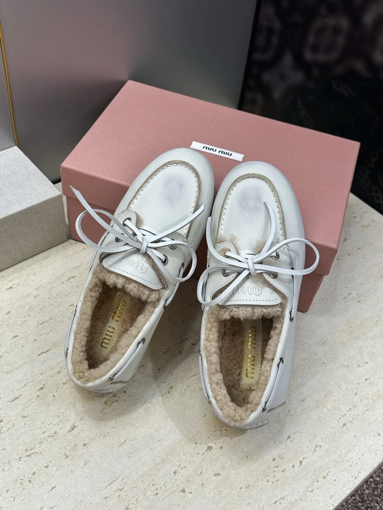 Miu Miu Calfskin Boat Shoes in White · view 4