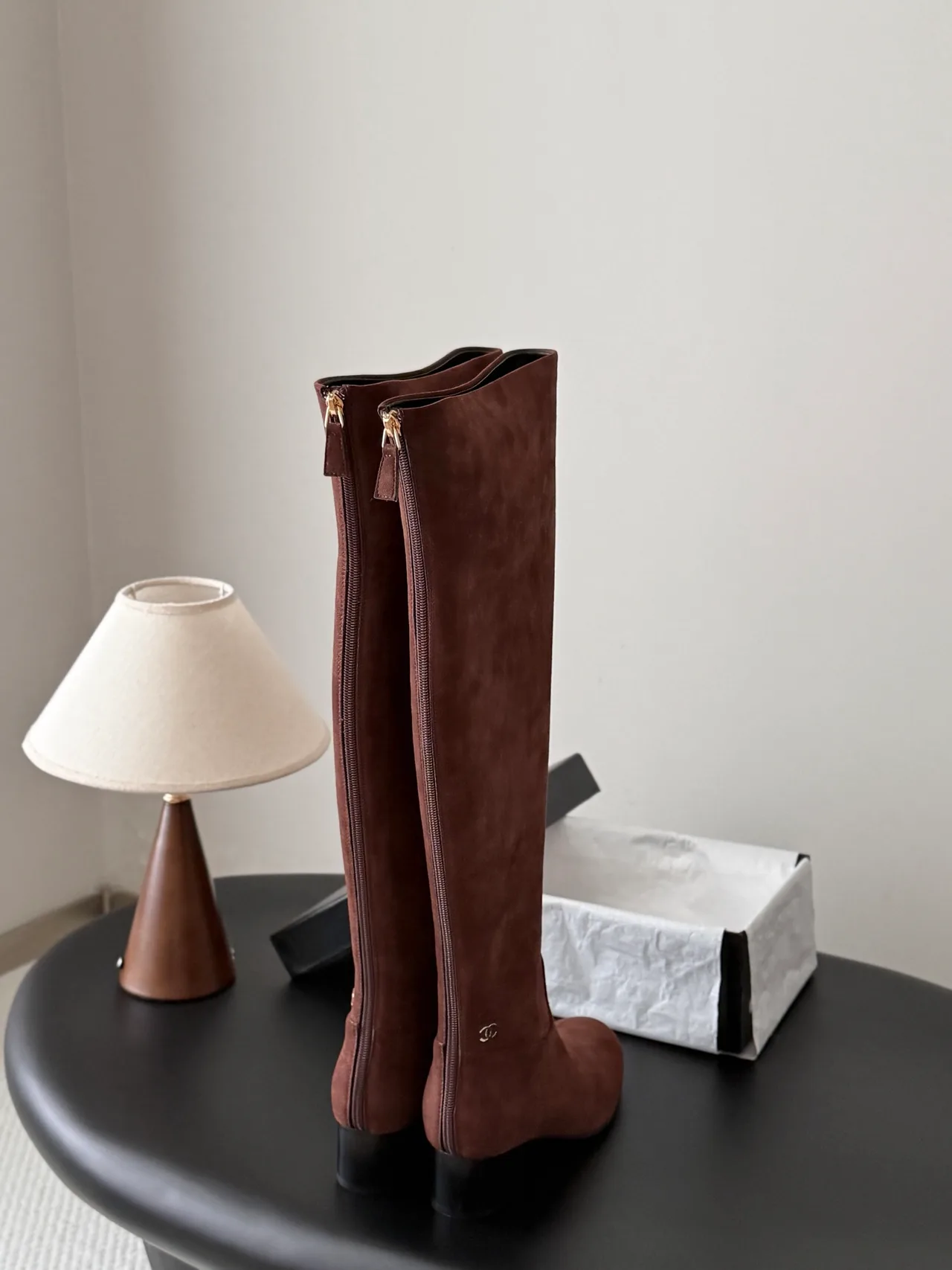Chanel Sheepskin Suede-Look Knee-High Boots in Brown · view 3