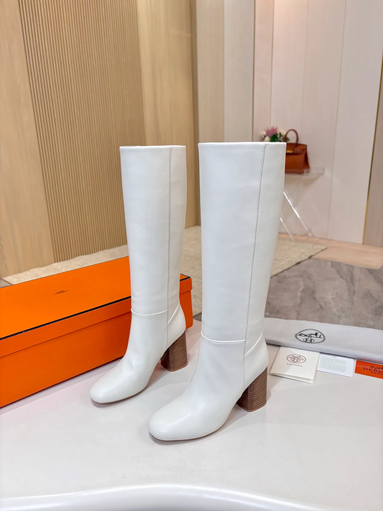 Hermes Cowhide Glossy Knee-High Boots in White · view 5