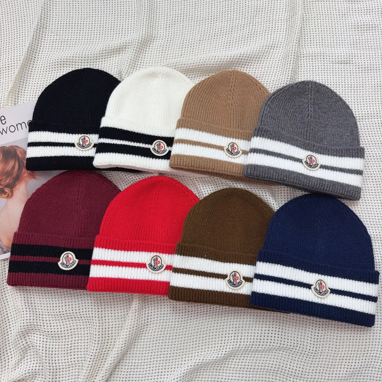 Moncler Striped-Cuff Beanie in Black & White & Brown & Grey & Burgundy & Red & Blue · view 7