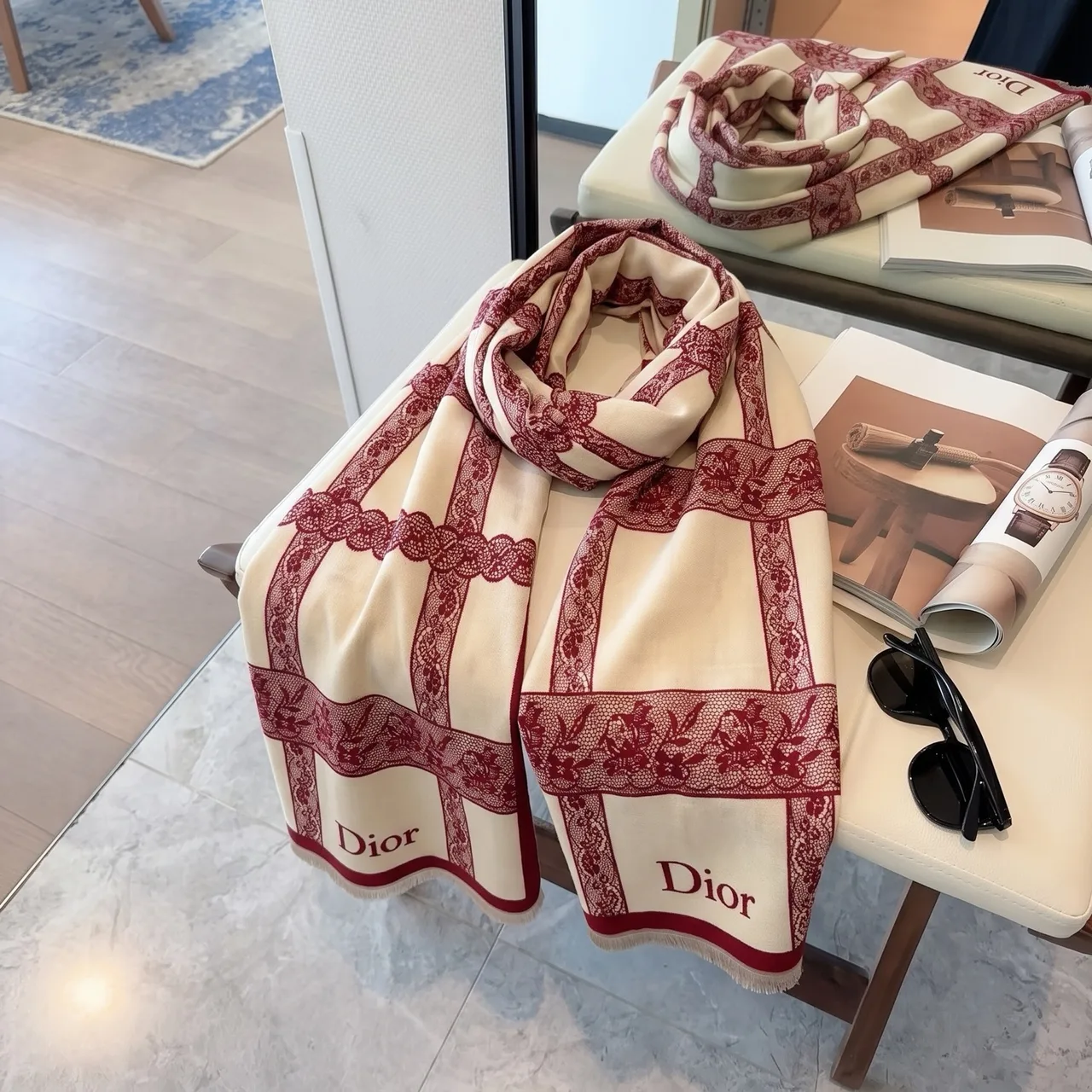 Dior Embroidered Scarf in Beige · view 6