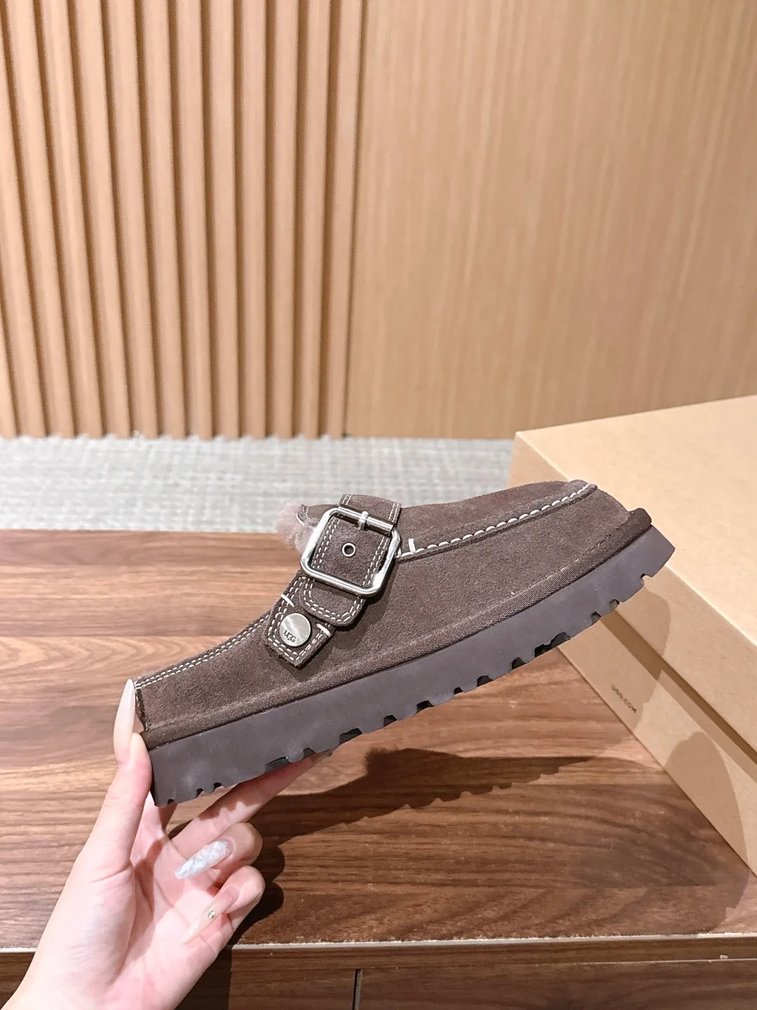 UGG Suede-Look Buckle Platform Loafer Mules in Brown · view 5