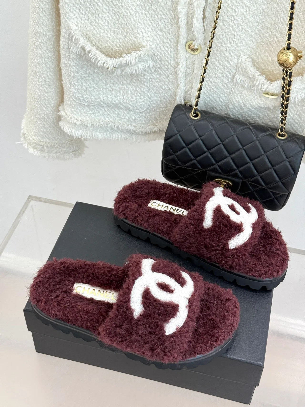 Chanel Denim Slippers in Burgundy · view 4