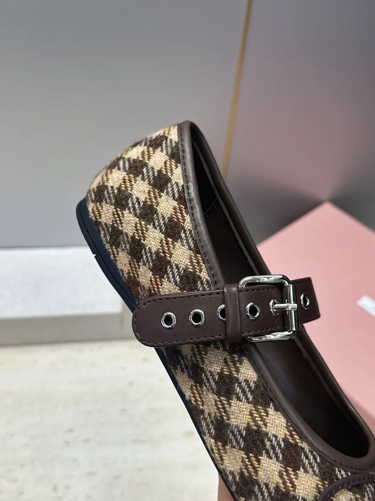 Miu Miu Calfskin Check Round-Toe Mary Jane Flats in Brown · view 7