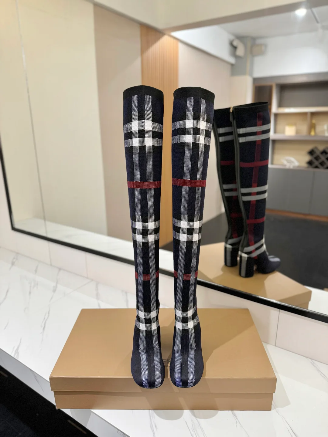 Burberry Ribbed Check Knee-High Boots in Blue · view 3