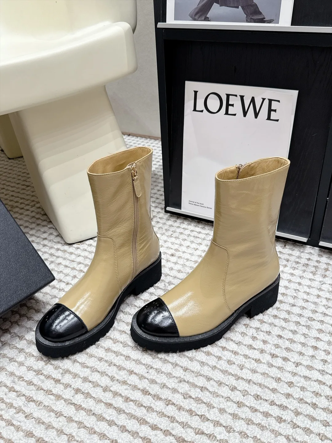 Loewe Cowhide Glossy Cap-Toe Ankle Boots in Tan · view 3