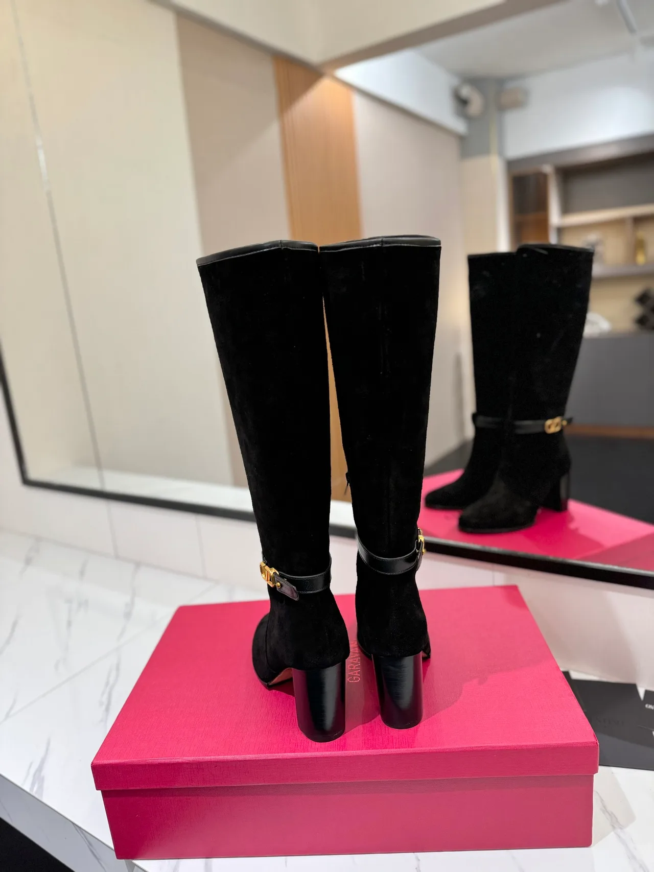 Valentino Calfskin Glossy Suede-Look Buckle Boots in Black · view 6