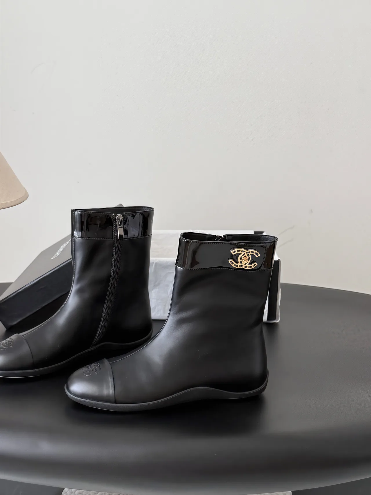 Chanel Cowhide Glossy Round-Toe Boots in Black · view 4