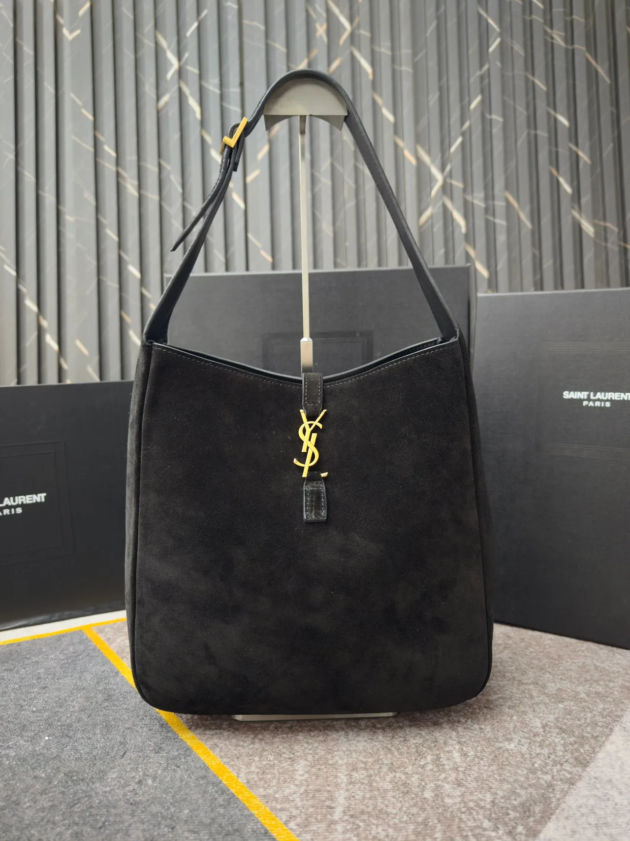 Saint Laurent Glossy Suede-Look Hobo Bag in Black · view 1