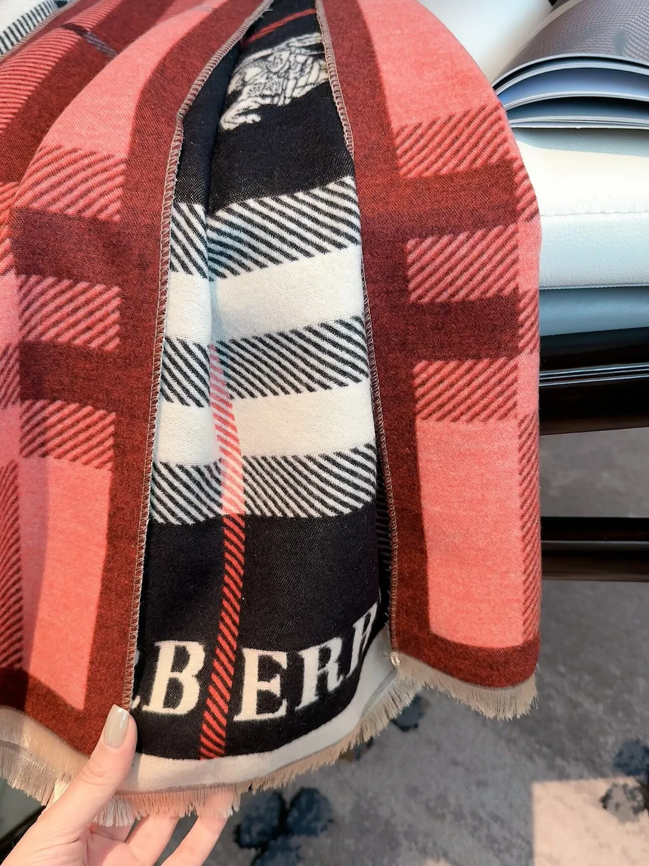 Burberry Check Equestrian Shawl in Beige & Red & Black · view 5