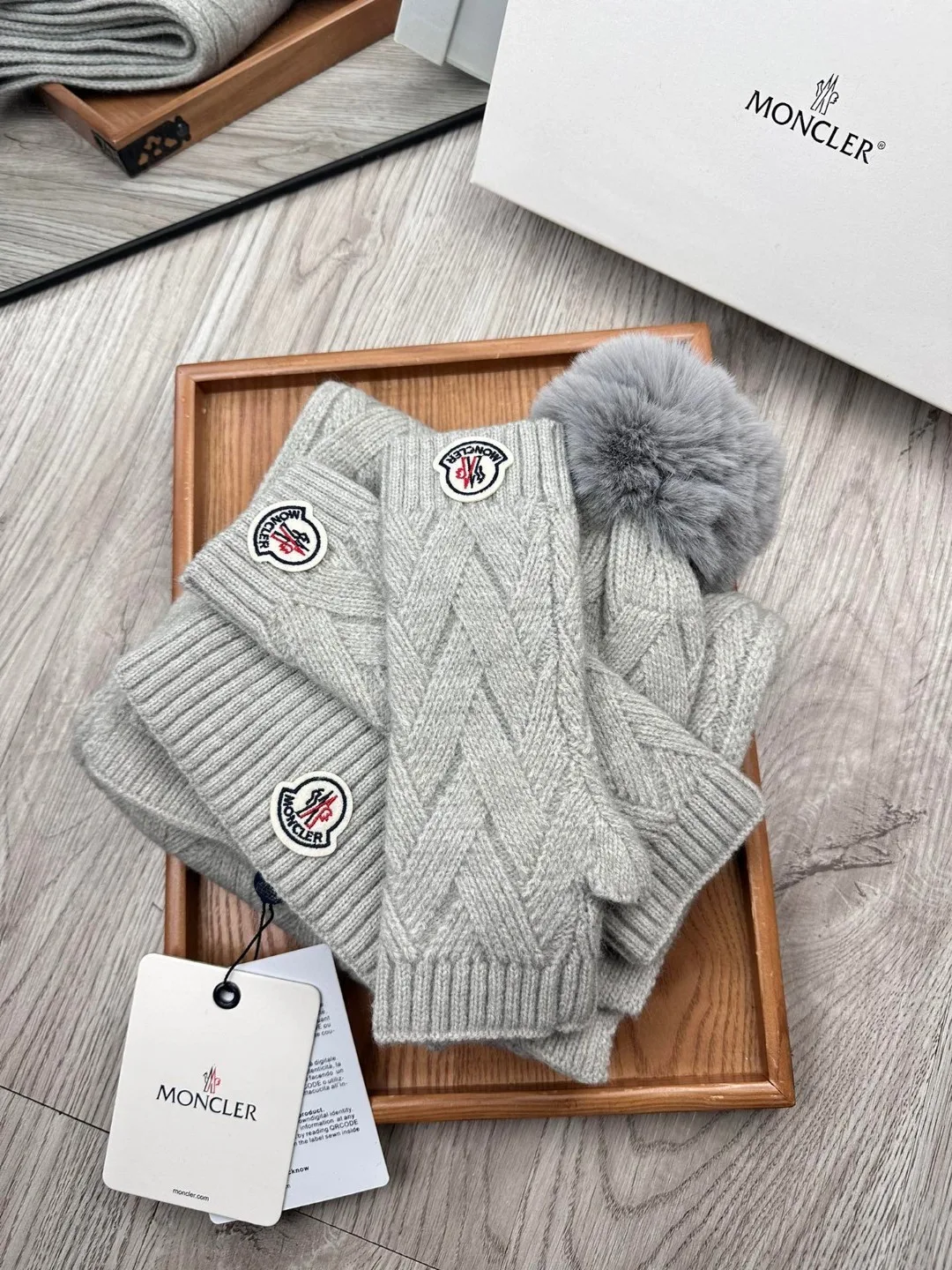 Moncler Wool Smooth Hat Scarf and Gloves Set in Grey · view 1