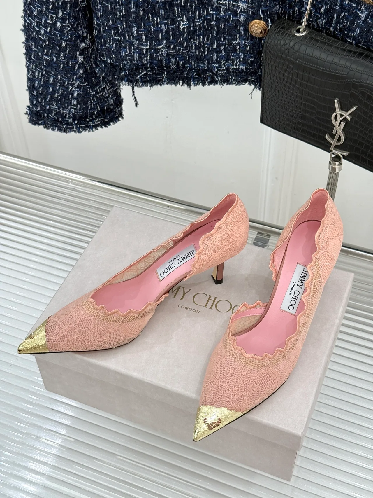 Jimmy Choo Pointed-Toe Lace Heel Pumps in Pink · view 3