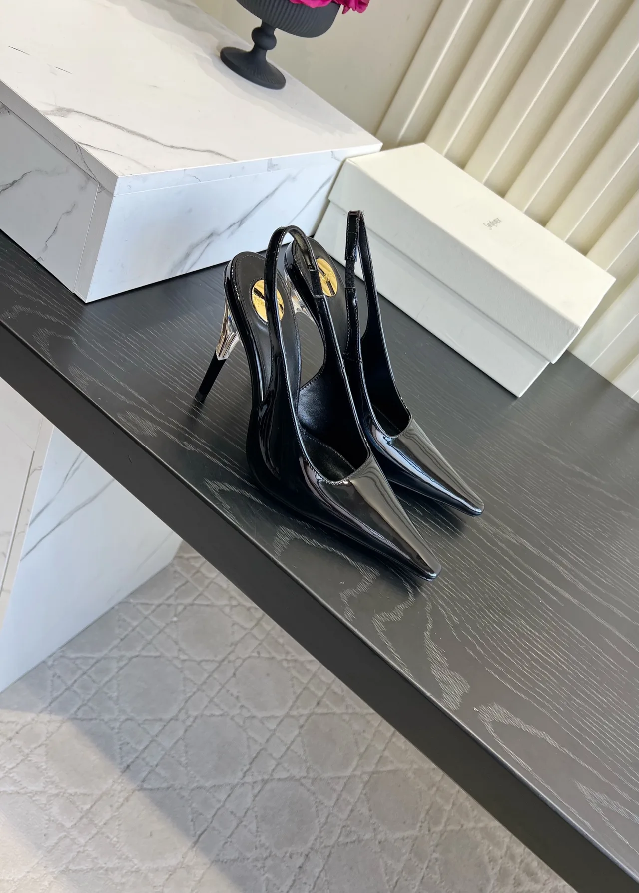 Saint Laurent Cowhide Silk Glossy Pointed-Toe Buckle Slingback Heels in Black · view 3