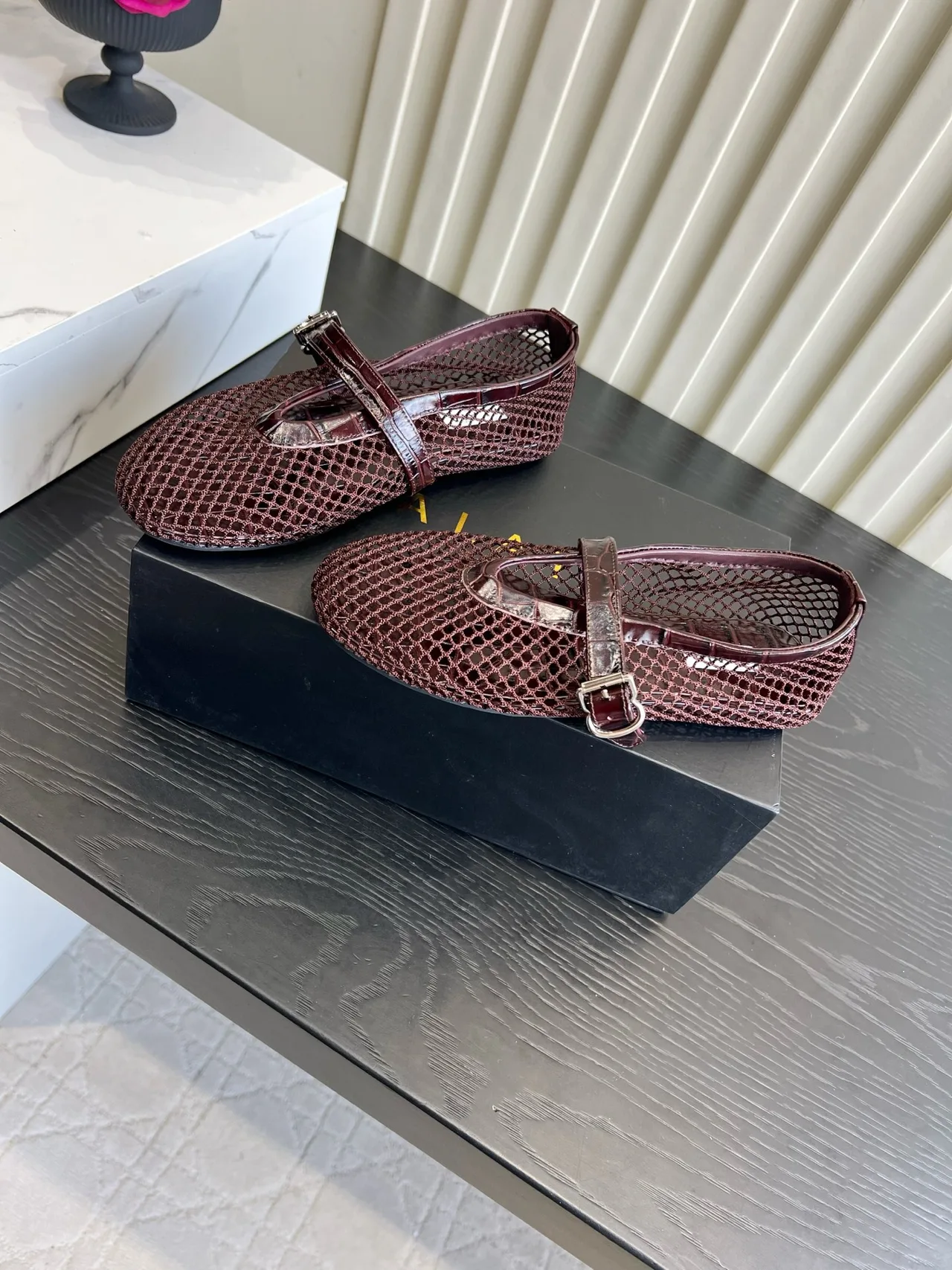 Alaia Sheepskin Mesh Mary Jane Flats in Burgundy · view 2