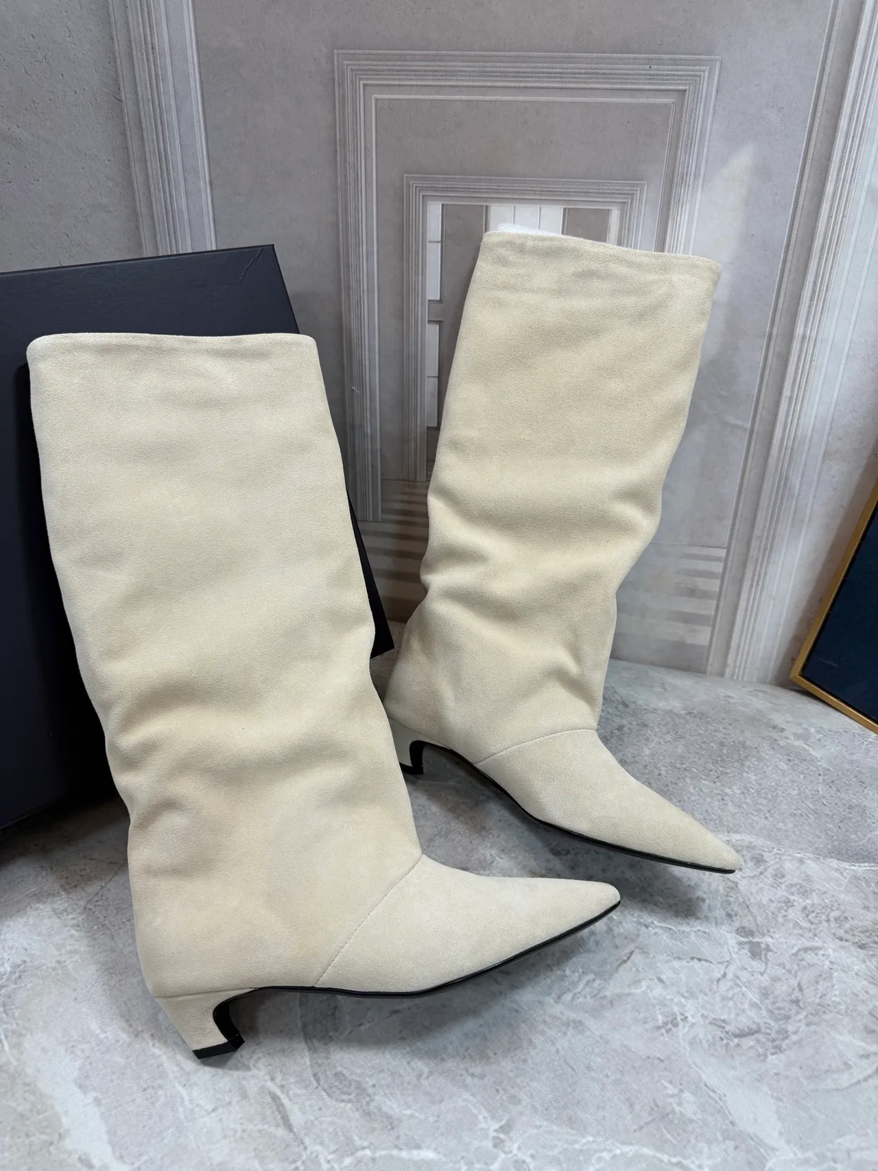 Smooth Round-Toe Knee-High Block-Heel Boots in White · view 2