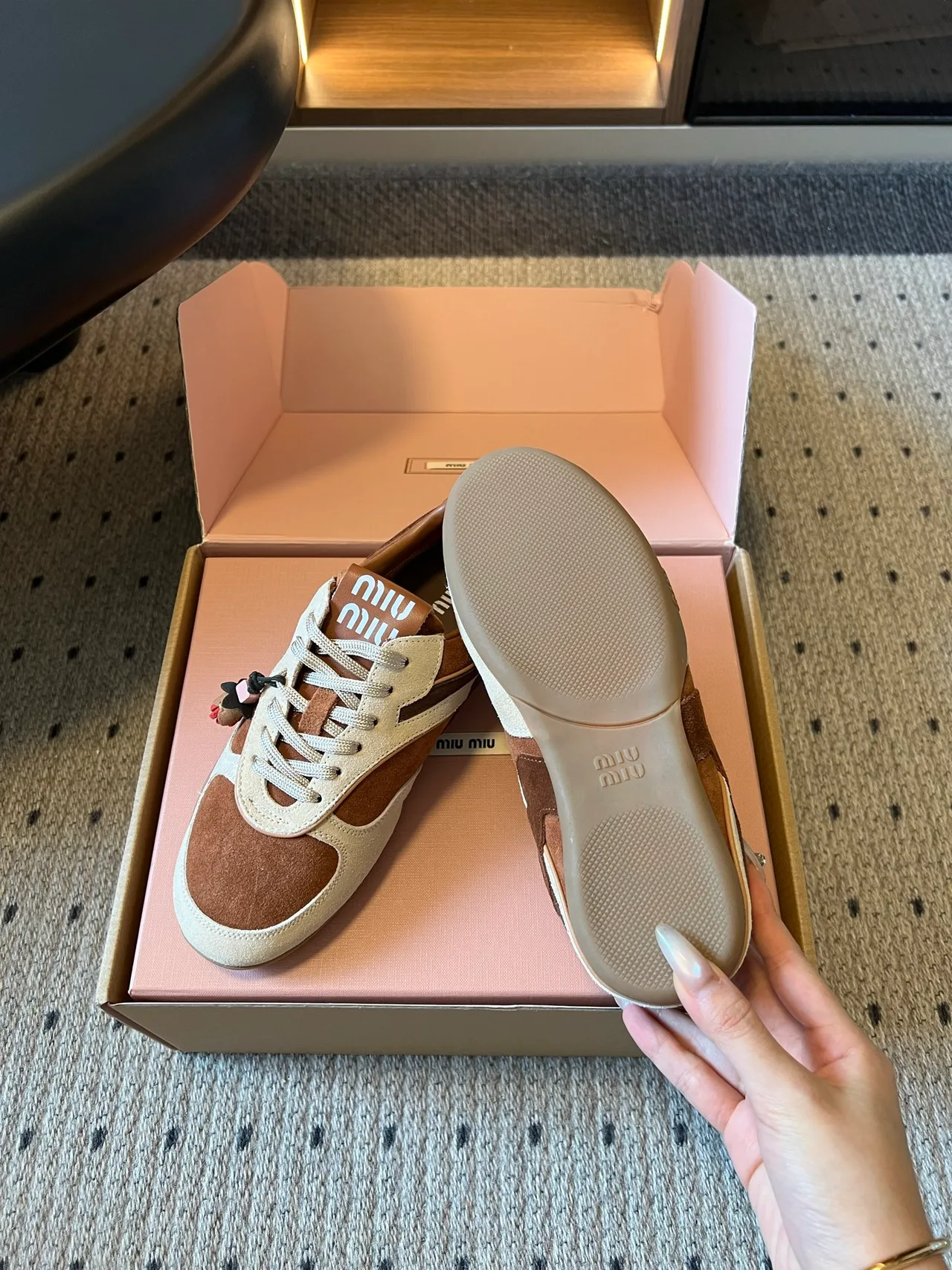 Miu Miu Suede-Look Round-Toe Low-Top Sneakers in Brown · view 6