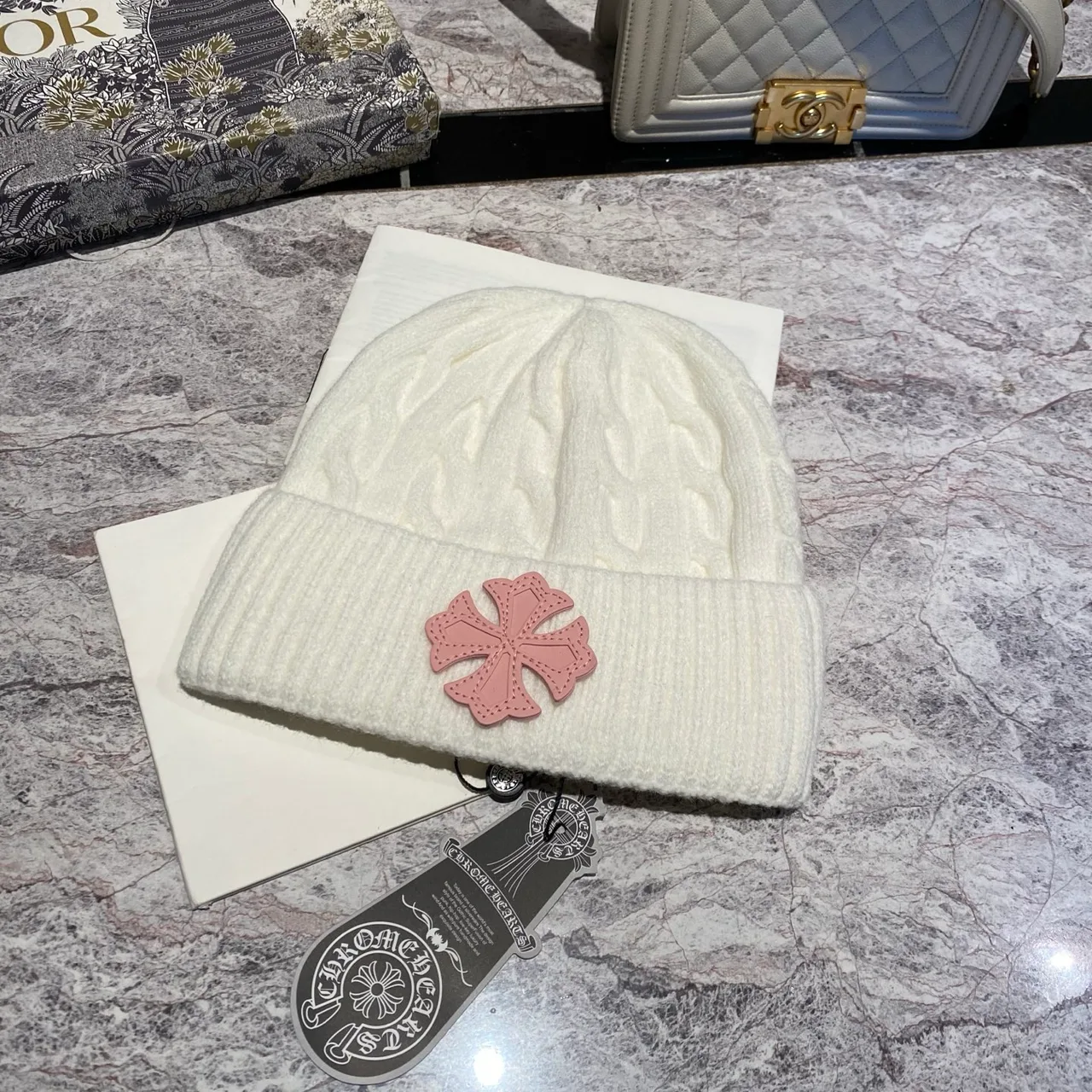 Chrome Hearts Cross Cable-Knit Beanie in Pink & White & Grey & Black & Blue & Red & Brown · view 2