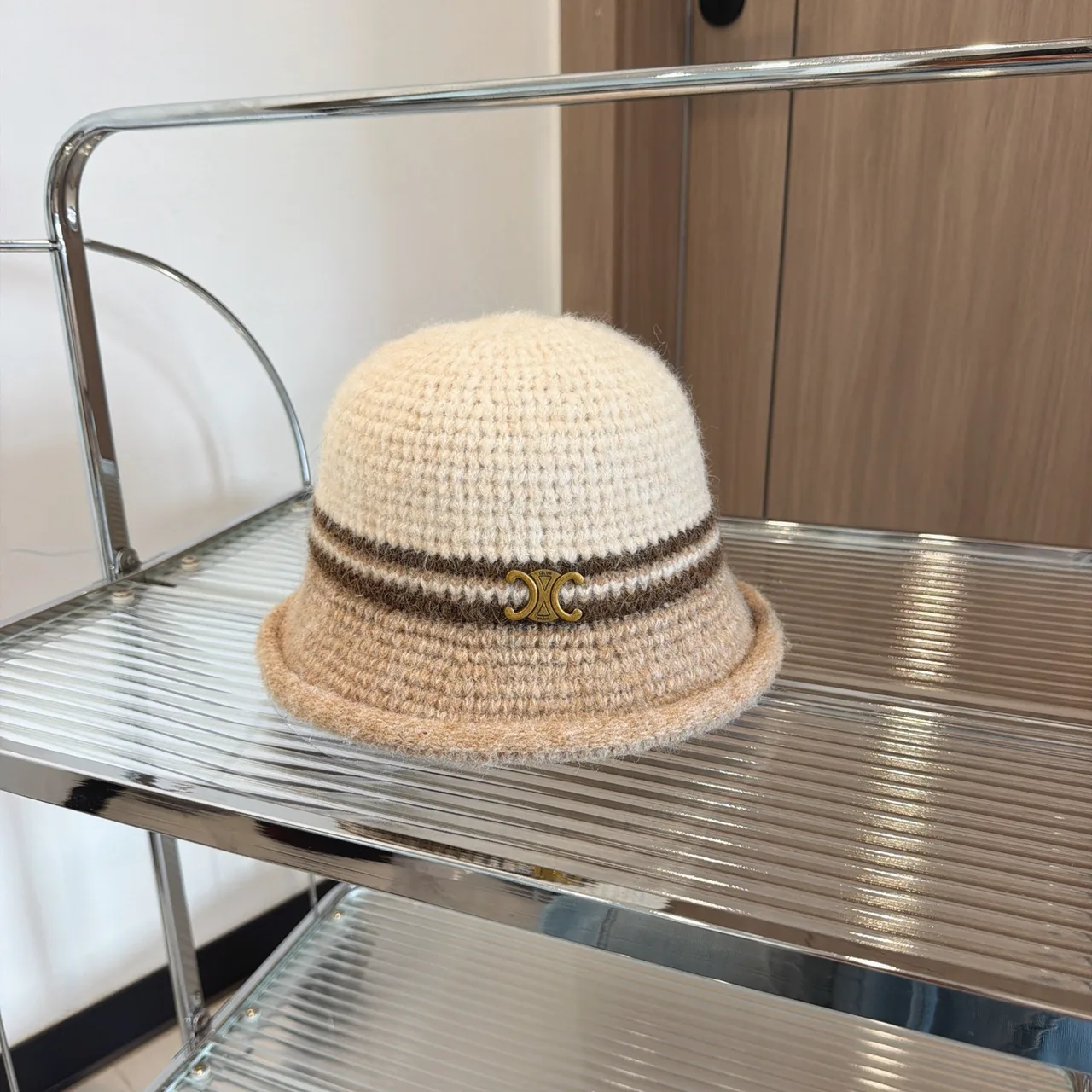 Celine Knit Bucket Hat in Grey & Tan & Cream · view 3