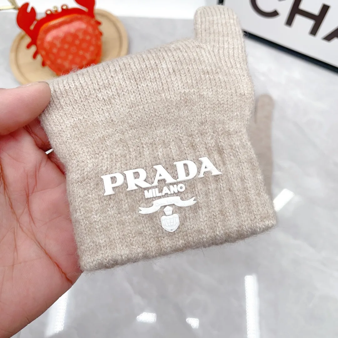 Prada Wool Ribbed Hat Scarf and Gloves Set in Beige · view 8