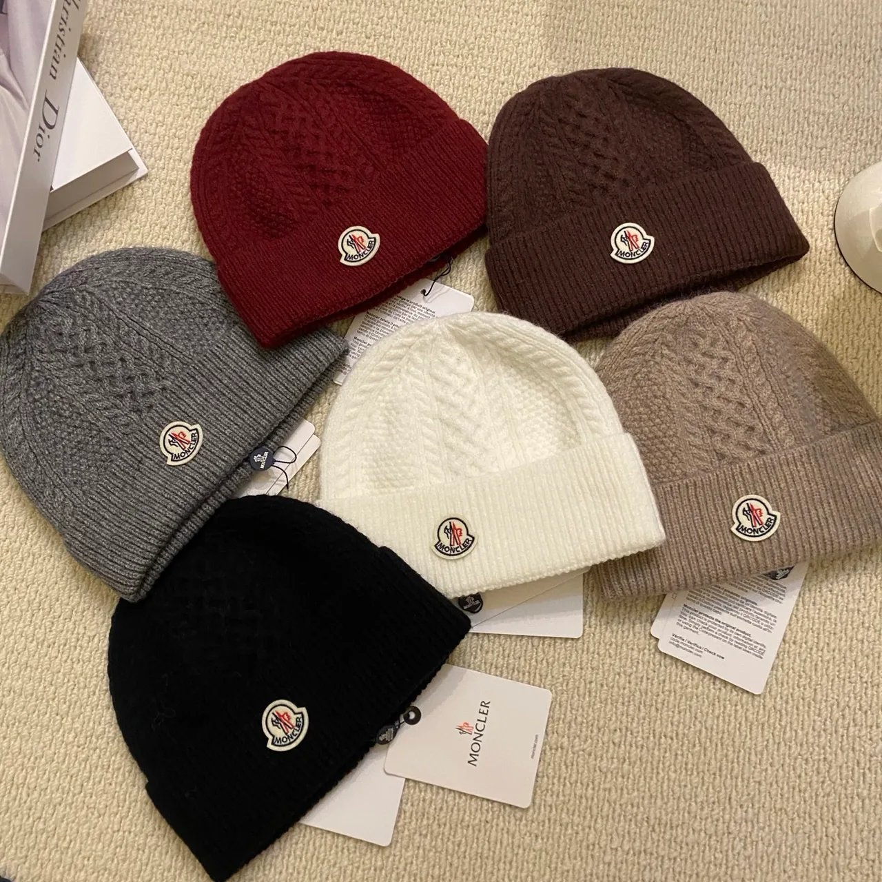 Moncler Ribbed beanie in Black & White & Grey & Burgundy & Brown · view 7