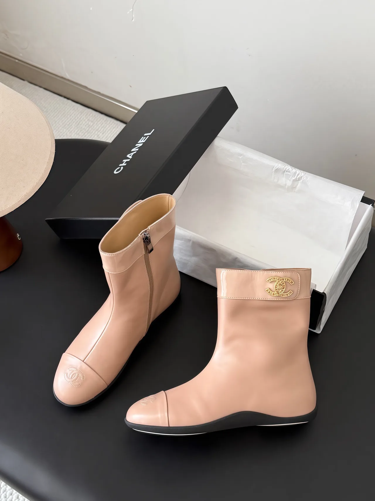 Chanel Cowhide Smooth Round-Toe Boots in Pink · view 3