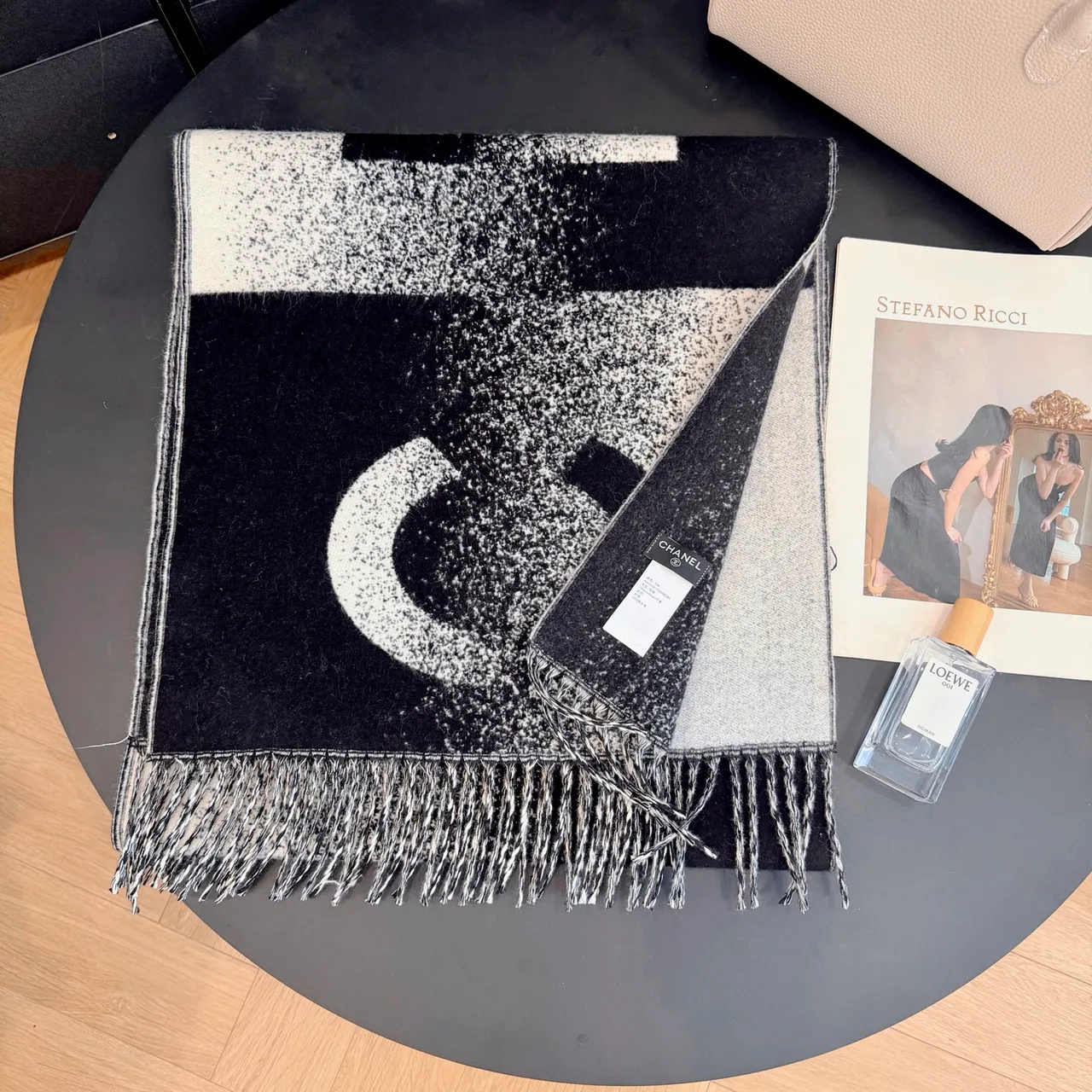 Chanel Cashmere Large Letter Fringed Scarf in Black · view 4