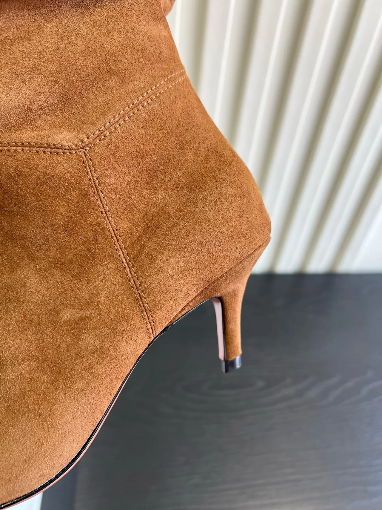 Amina Muaddi Cowhide Glossy Pointed-Toe Knee-High Boots in Tan · view 8
