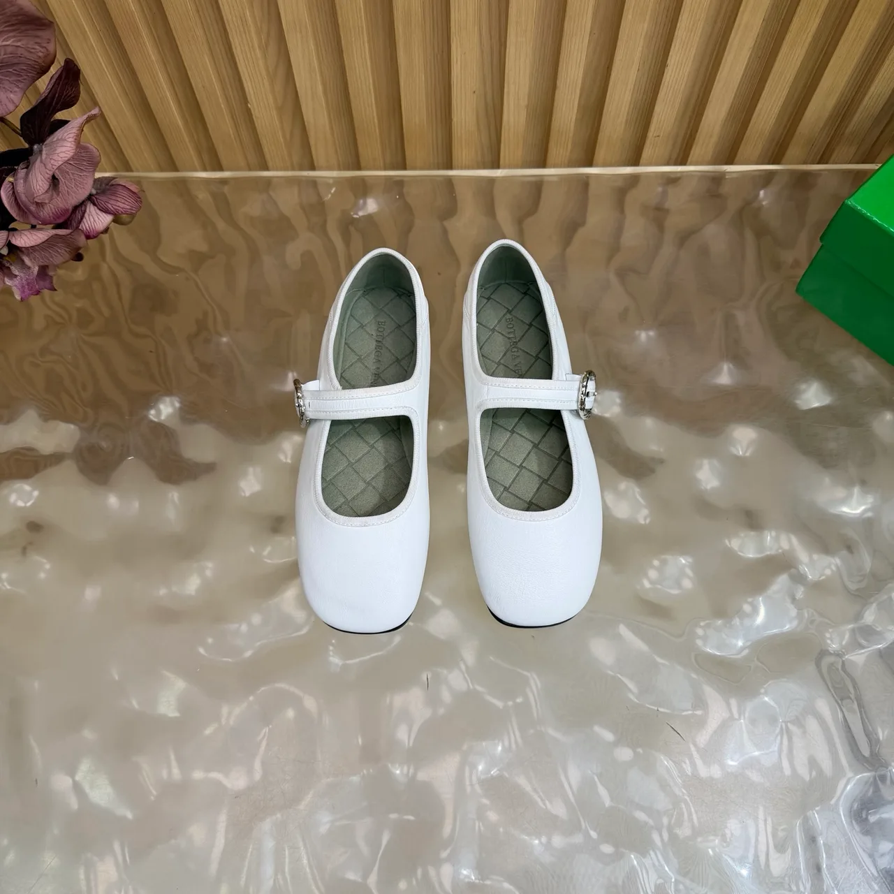 Bottega Veneta Sheepskin Quilted Glossy Square-Toe Buckle Mary Jane Flats in White · view 4