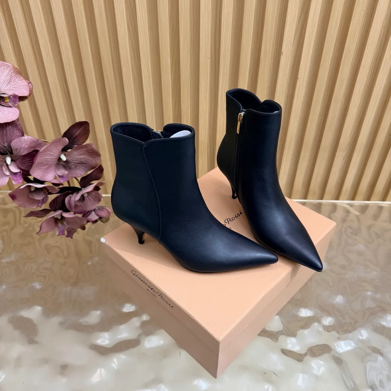 Gianvito Rossi Glossy Pointed-Toe Ankle Boots in Black · view 3