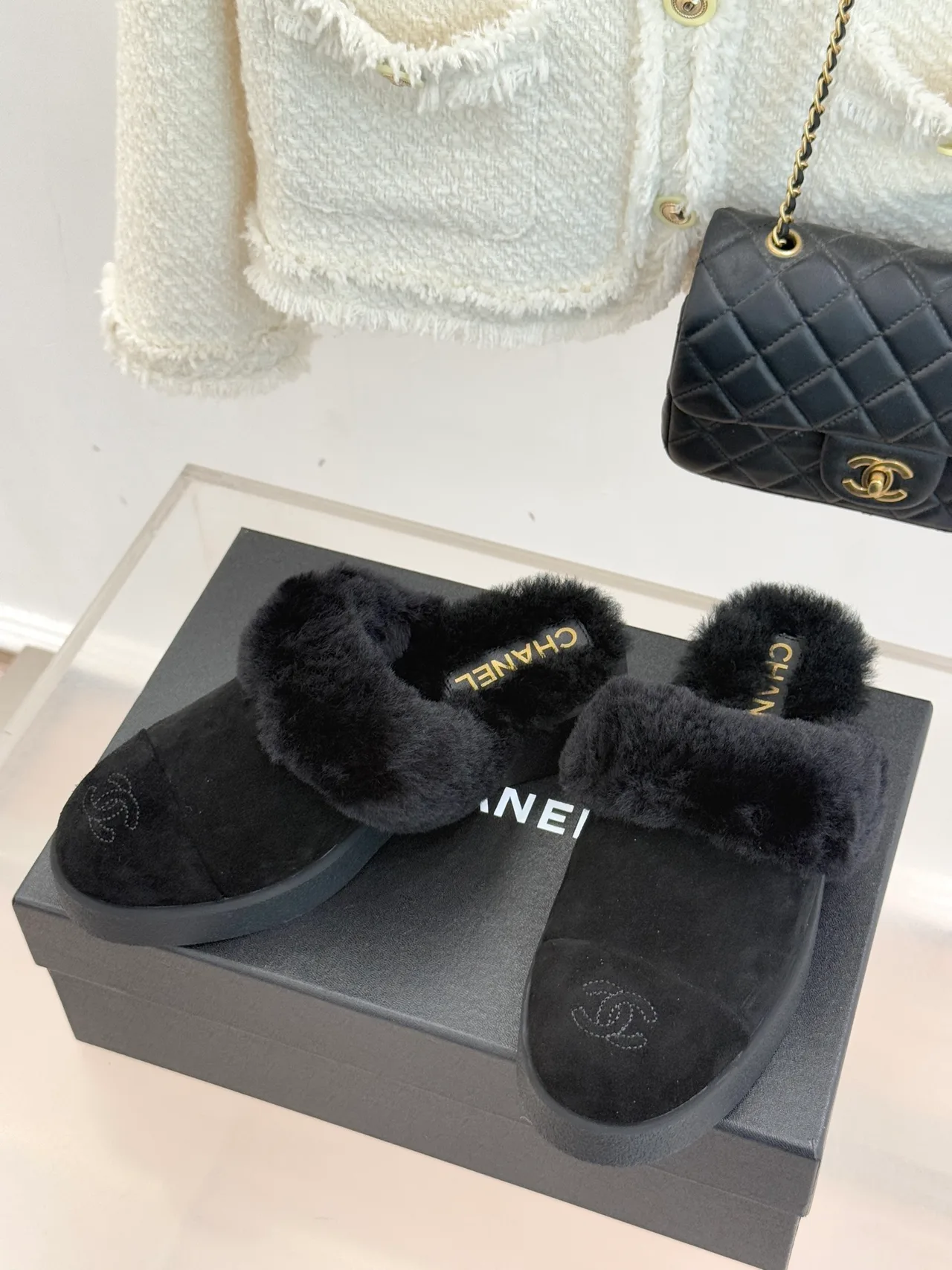 Chanel Glossy Suede-Look Slippers in Black · view 2
