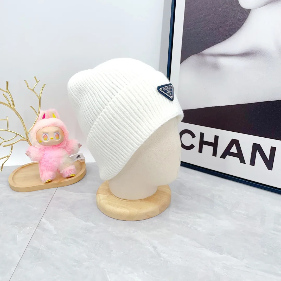 Prada Wool Triangle Logo Knit Beanie in White · view 3