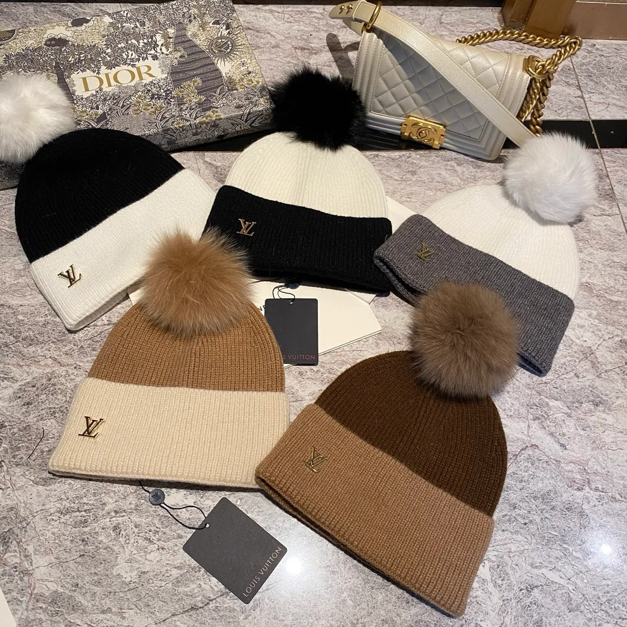 Louis Vuitton Pom-Pom Beanie in Beige & Brown & Cream & Black · view 6