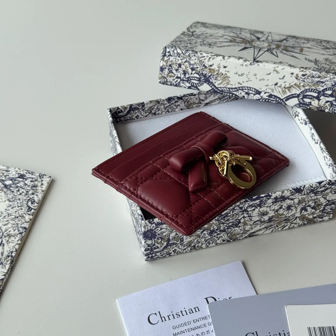 Dior Lambskin Quilted Bow Cardholder in Burgundy · view 6