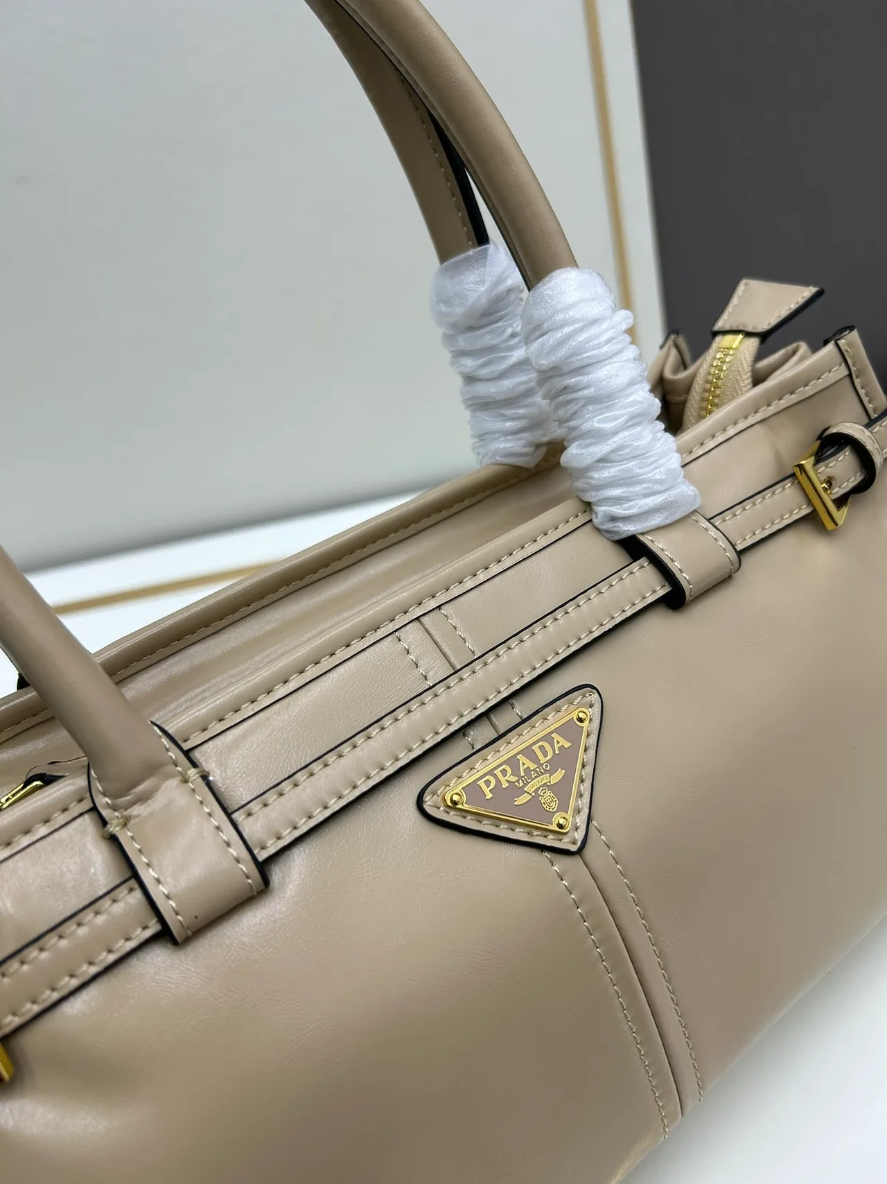 Prada Smooth Top-Handle Bag in Beige · view 4