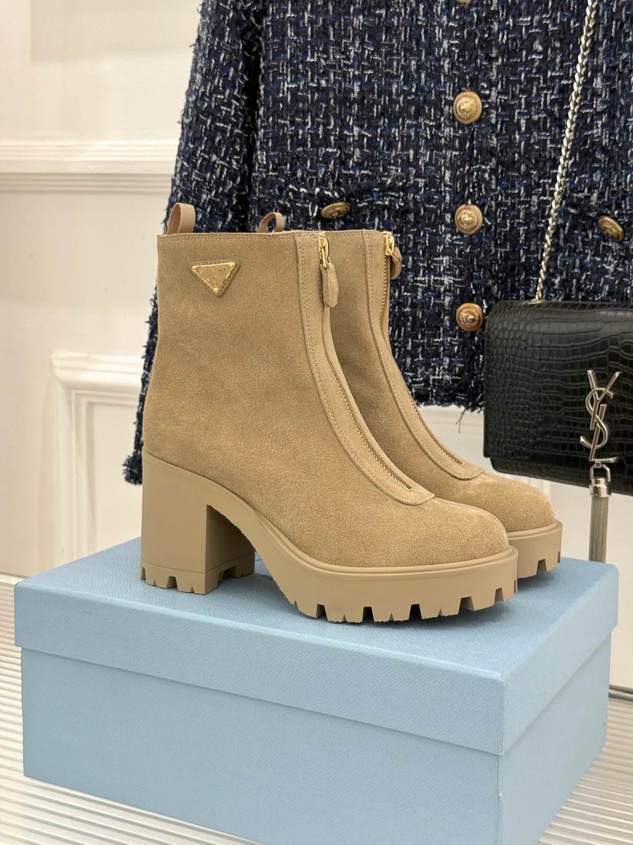 Prada Denim Suede-Look Ankle Boots in Beige · view 1