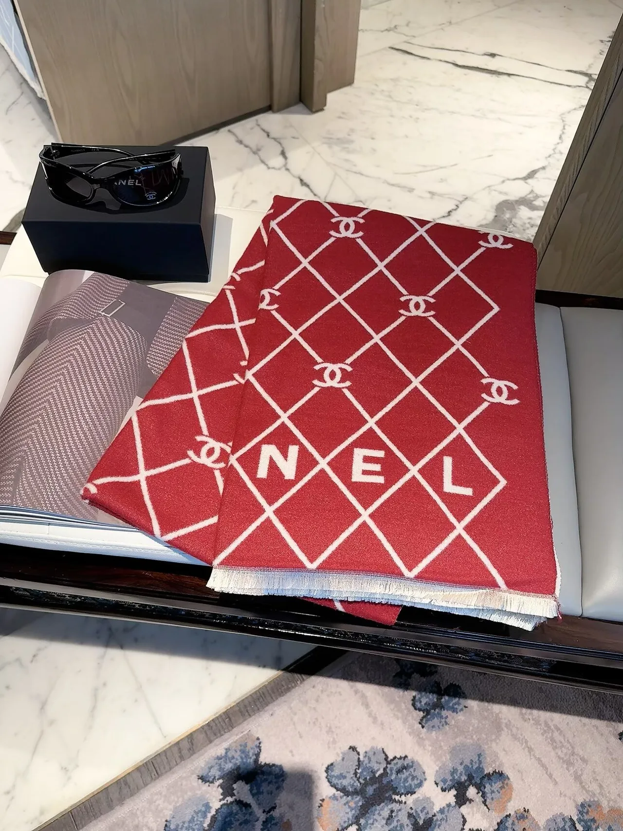 Chanel Diamond CC Shawl in Blue & Red & Grey · view 2