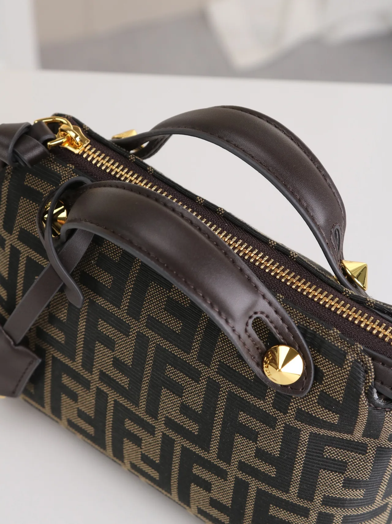 Fendi Calfskin FF-Monogram Top-Handle Zip Satchel in Brown · view 6