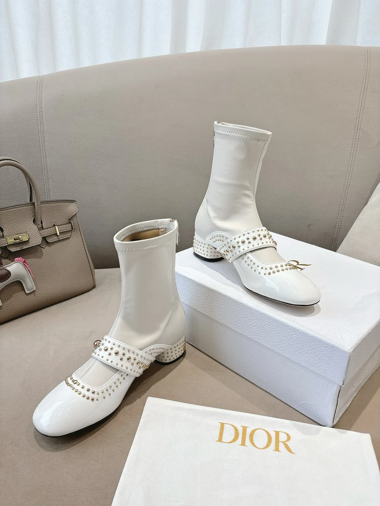 Dior Sheepskin Patent Leather Glossy Studded Ankle Boots in White · view 5
