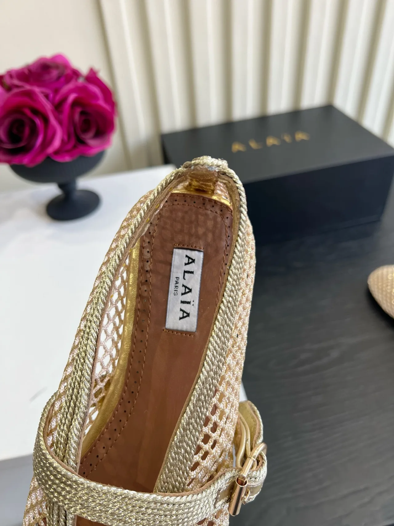 Alaia Sheepskin Mesh Mary Jane Flats in Gold · view 7