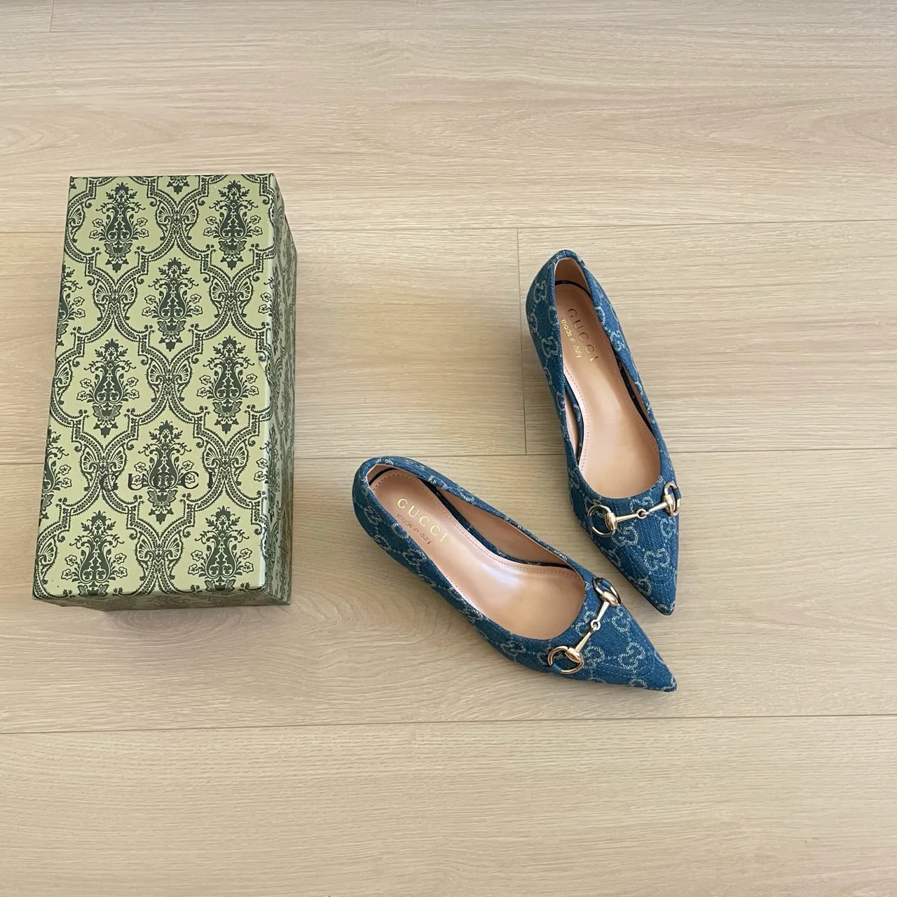 Gucci Canvas Pointed-Toe Monogram Kitten Heel Pumps in Blue · view 4